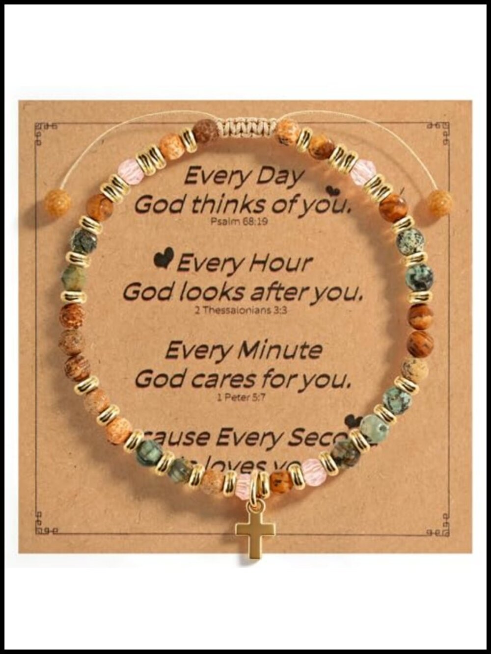 Stone Beaded Cross Bracelet Slide Clasp Women Inspirational Adjustable